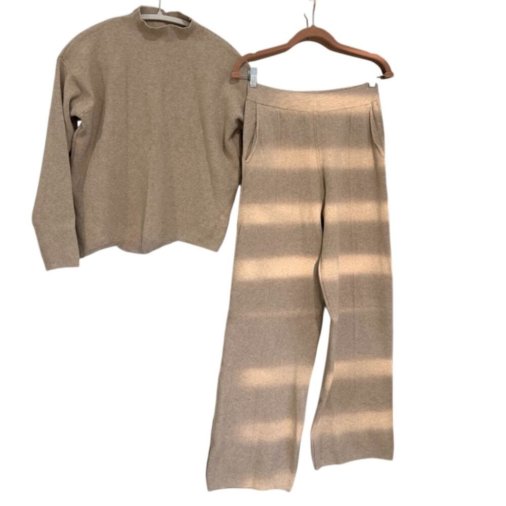 Qoza Boutique SET Cozy Knit Sweater Wide-Leg Pants Taupe Womens M 6-8